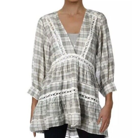 Free People Womens Time Out Ivory Eyelet V-Neck Tunic Top Shirt Large - Picture 1 of 8